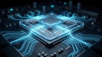 Glowing microchip with circuit board pathways and digital data flow on dark background, representing processor technology and computing power.