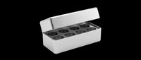 Stainless steel muffin tin with hinged lid and twelve dark nonstick cups, isolated on transparent background. Ready for baking, culinary, and kitchen design projects.