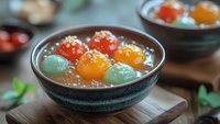 Traditional Asian sweet soup with colorful glutinous rice balls in clear broth served in ceramic bowls on wooden table for dessert menu presentation.