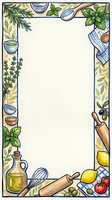 Watercolor cooking frame with herbs, olive oil, rolling pin, whisk, lemon and tomatoes, blank center for text, recipe card border design.