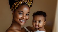 Young African American woman wearing traditional headwrap embraces smiling baby, both radiating joy and warmth against soft brown background in intimate family portrait.