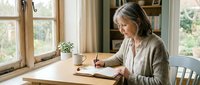 Senior woman writing in journal at wooden table by window in cozy home interior, peaceful morning routine for mindfulness and reflection.