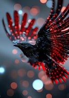 Mystical black raven with glowing red wings spreads feathers against dark background with bokeh lights creating dramatic atmospheric effect.