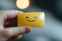 Yellow card with happy smiling face held in hand against blurred background with bokeh light effect, representing positivity and cheerful customer service.