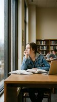 Young Caucasian female student studying at library table with laptop and books, looking thoughtfully out window. Academic learning environment for education concepts.
