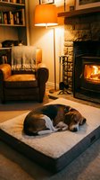 Beagle dog sleeping curled up on a pet bed by a cozy fireplace in a warm living room with a cat resting on a leather armchair.