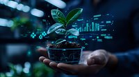 Green plant seedling in palm with futuristic holographic business charts and data visualization elements, representing sustainable growth and eco-friendly technology solutions.