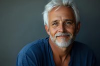 Mature Caucasian man with white hair and beard wearing blue sweater smiling warmly against dark background, radiating confidence and wisdom in professional portrait.