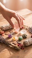 Woman hand holding rose quartz crystal over collection of healing gemstones, sage bundles and dried flowers on wooden surface for spiritual wellness practices.