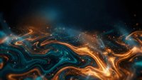 Abstract flowing liquid waves with golden orange and deep teal colors, glowing particles and light effects, modern digital art background for design and creative projects.
