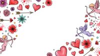 Romantic frame with cupid angels, red hearts, flowers and arrows on white background for Valentine's Day cards, wedding invitations and love designs.