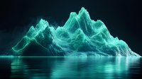 Glowing turquoise mountain peaks reflect in calm dark waters creating ethereal arctic landscape with mysterious luminescent effect in night scene.