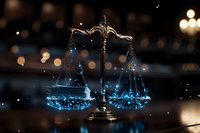Vintage brass scales of justice with glowing blue particles balanced on both sides against dark background with bokeh lights, symbolizing legal equilibrium.
