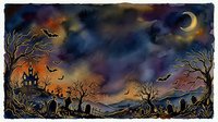 Spooky Halloween watercolor scene with haunted house, bats, graveyard, bare trees, crescent moon, and dramatic stormy night sky.