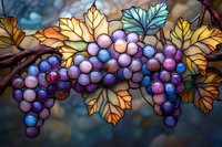 Stained glass grapes with autumn leaves in vibrant purple, blue and pink hues against dark background, artistic craft design glowing with translucent light effect.