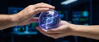 Hands exchanging glowing DNA helix sphere in digital environment, representing genetic research, biotechnology innovation, and scientific collaboration for healthcare and medicine.