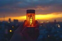 Hand holding glowing orange pill bottle with lightning bolt symbol against dramatic sunset cityscape with bokeh lights in background.