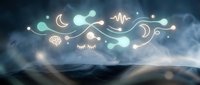 Neon wellness symbols float above misty mountains in this ethereal night scene, featuring glowing icons of sleep, meditation, and holistic health for relaxation and mindfulness content.
