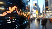 Digital stock market display with glowing orange graph line against blurred urban cityscape background at dusk, representing financial trading and economic trends.