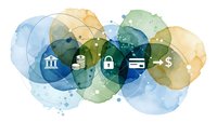 Watercolor financial icons with bank building, coins, security lock, credit card and dollar sign in blue and green circles for business presentations.