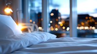 Cozy bedroom interior with white bedding and city lights bokeh through window at dusk, creating peaceful atmosphere for relaxation and rest.