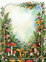 Watercolor forest mushroom frame with ferns, berries, and wildflowers surrounding a blank center space for text or design.