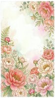 Watercolor peony flowers frame with soft pink blooms and green foliage on textured paper background for wedding invitations and romantic designs.
