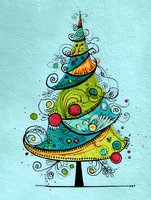 Colorful stylized Christmas tree with swirls, ornaments and decorative elements on light blue background for holiday greeting cards and festive designs.