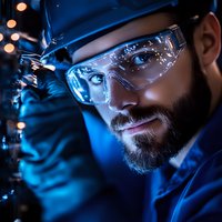 Bearded scientist in protective eyewear examining equipment in laboratory with dramatic blue lighting and bokeh effects. Professional research environment.