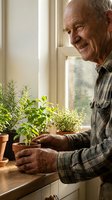 Senior Caucasian man tending to potted herbs and plants on kitchen windowsill, enjoying indoor gardening hobby at home.