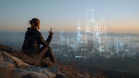 Young woman sitting on cliff edge overlooking futuristic city skyline with digital overlay at sunset, showing peace sign gesture.
