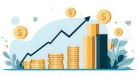 Growing stacks of golden coins with upward trending arrow showing financial growth and investment success, decorated with floral elements on light background.