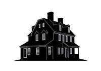 Victorian mansion silhouette with multiple chimneys and windows, isolated on white background. Suitable for real estate, architecture, home design, and vintage decor projects.