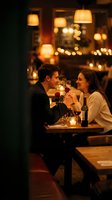 Young couple enjoying romantic dinner date in upscale restaurant with warm ambient lighting and wine for anniversary celebration or special occasion.