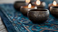 Decorative metal singing bowl on blue oriental textile with soft candlelight bokeh in background, creating zen atmosphere for meditation and relaxation.