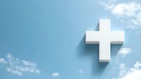 White cross against blue cloudy sky background, floating with soft shadow effect, symbolizing faith, spirituality and divine presence. Suitable for religious materials.