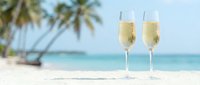 Two champagne flutes filled with sparkling wine on pristine white sand beach with palm trees and turquoise ocean, luxury tropical vacation celebration concept.
