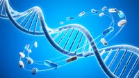DNA double helix structure with medical capsules and pills floating around on blue background for pharmaceutical research and genetic medicine concepts.