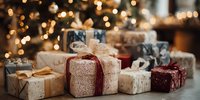 Festive wrapped gift boxes with ribbons and bows arranged on table with glowing Christmas tree lights in background.