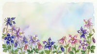 Watercolor columbine flowers in purple and pink tones on soft pastel background, hand-drawn botanical art with copy space for cards and prints.