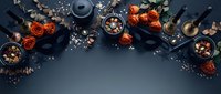 Dark culinary flat lay with roses, spices, nuts and cooking utensils arranged in decorative border frame on moody background for food styling and recipe design.