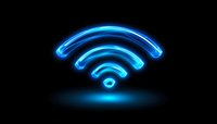 Glowing blue neon wifi symbol floating on black background with reflection, modern technology concept for wireless internet connection and network signal.