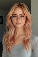 Young woman with rose gold wavy hair wearing stylish glasses and gray sweater smiles warmly at camera. Natural makeup and soft lighting create welcoming professional portrait.