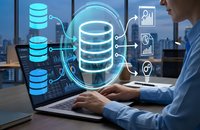 Professional man working on laptop with glowing database hologram and data analytics icons in modern office environment for business technology solutions.