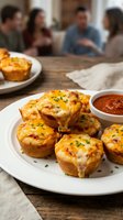Savory egg muffins with cheese and herbs served on white plate with marinara sauce, blurred family dining in background on rustic wooden table.