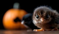 Adorable brown baby chick with large expressive eyes against dark background with orange pumpkin, creating spooky Halloween atmosphere. Suitable for seasonal greeting cards.