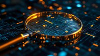 Magnifying glass examining electronic circuit board with glowing orange and blue lights, revealing detailed technology patterns and digital connections.
