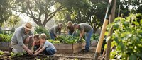 Multi-generational family working together in organic vegetable garden, planting and harvesting fresh produce in raised beds during golden hour sunlight.