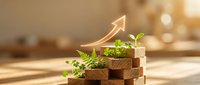 Wooden blocks stacked like stairs with green plants growing from each level and upward arrow symbolizing sustainable business growth and development.