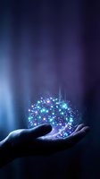 Human hand holding glowing digital brain network with connected dots and lines representing artificial intelligence and neural connections.